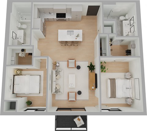 Floor plan for 2 beds, 2 baths, 1043 sqft